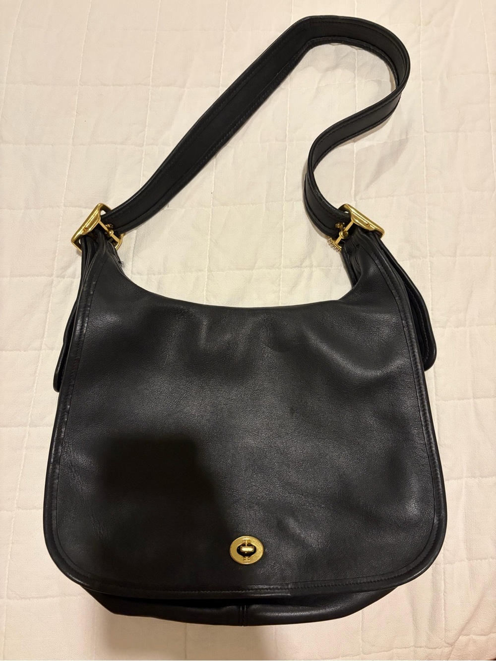Vintage Coach Black Leather Shoulder Bag with Gold Hardware
